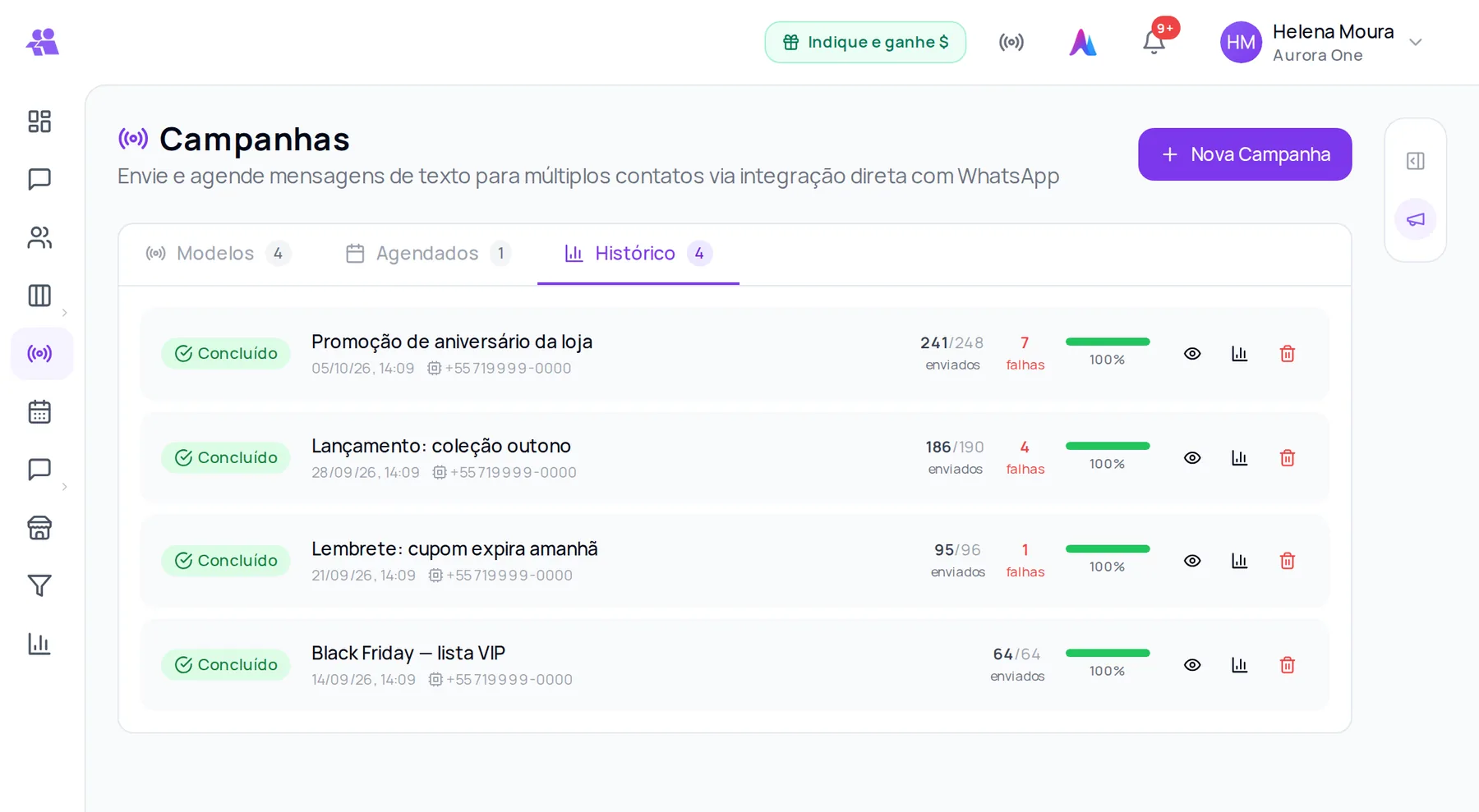 Aurora: campanhas e disparos no WhatsApp